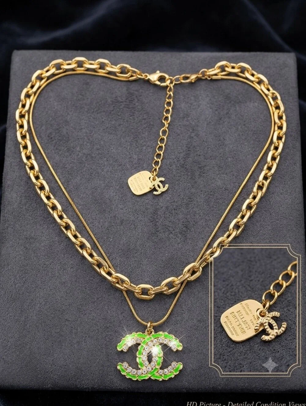 Modern Lux Gold Necklace with Green and Clear Crystal Logo Pendant -Not Chanel